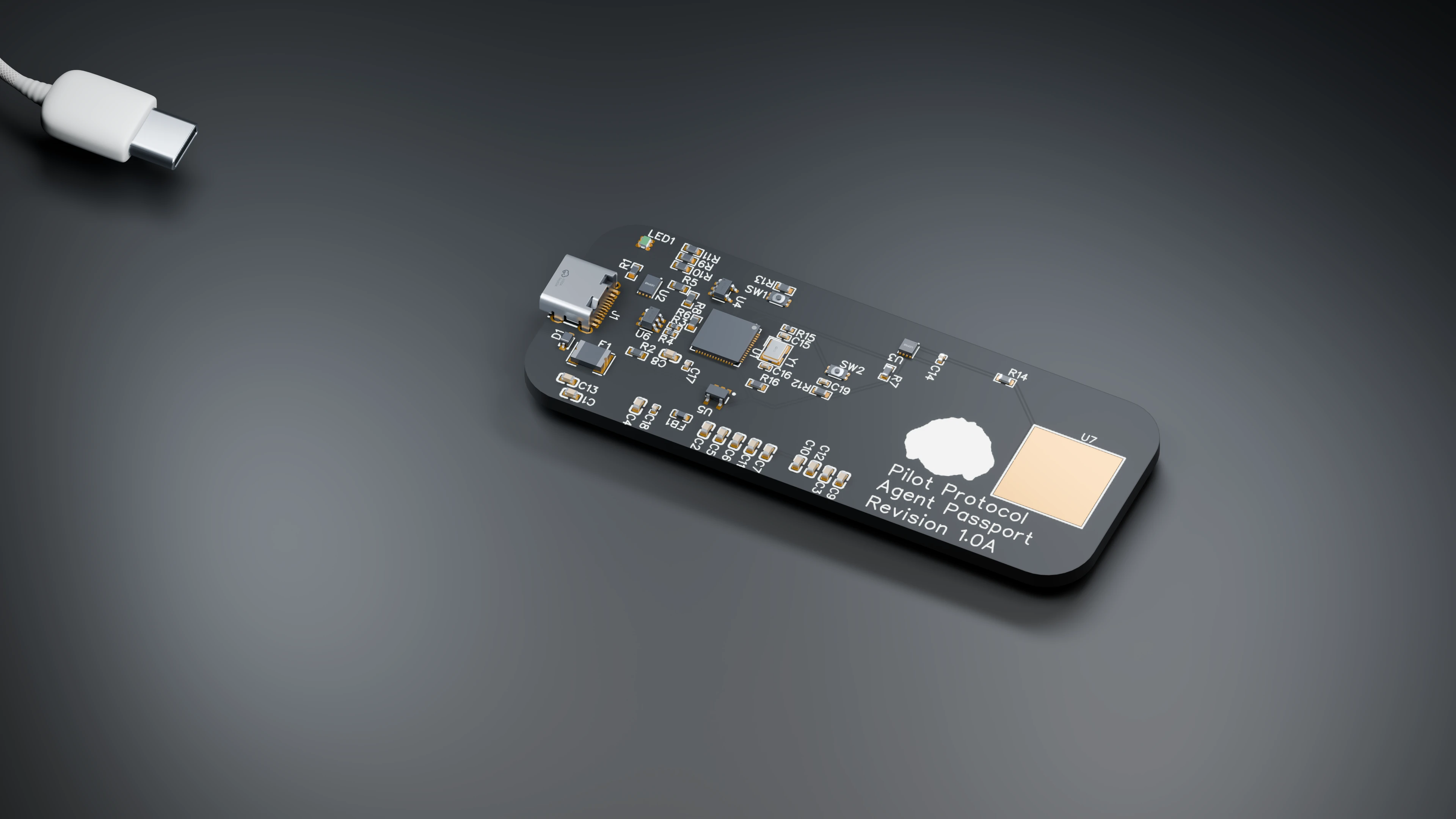 Agent Passport Revision A board, showing the USB-C port, components and capacitive touch pad